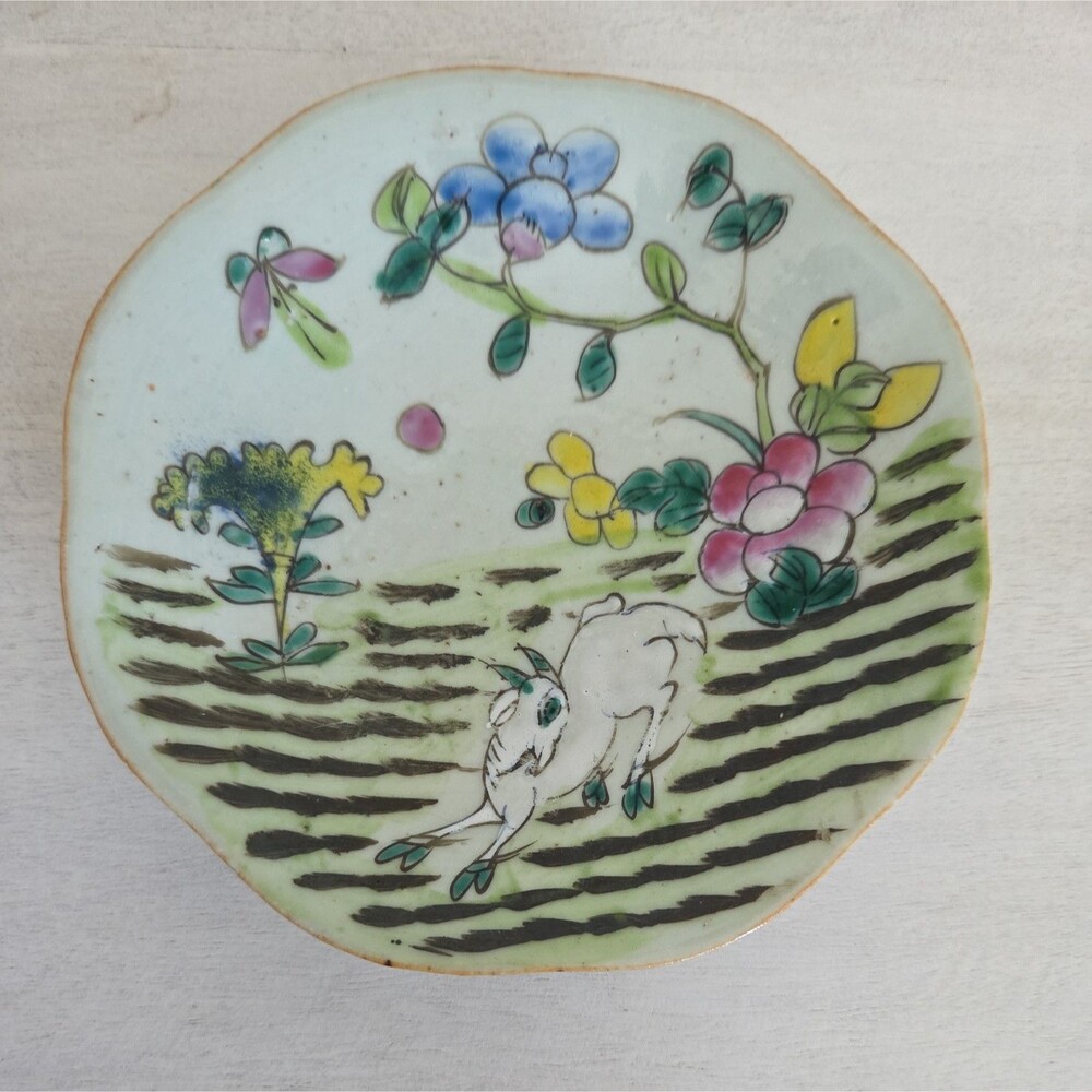 Rare Antique Chinese Export Enamel Octagonal Footed Bowl Goat with Flowers